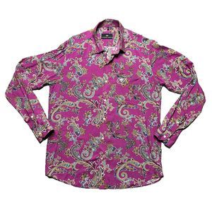 French Crown Paisley Button Down Shirt Size 40 Pink Long Sleeve Cufflinks